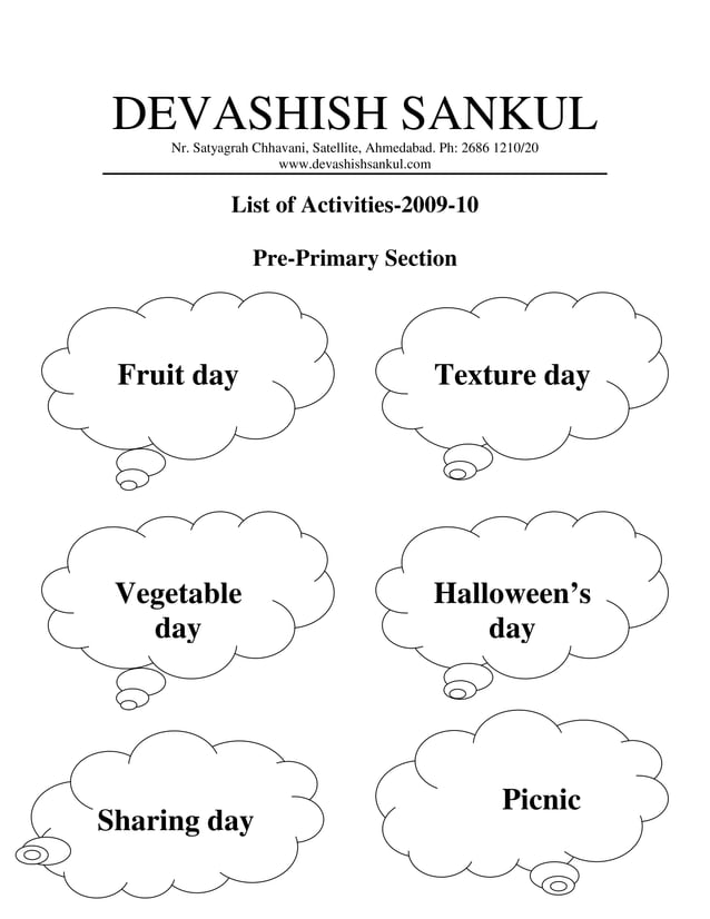 Pre Primary Activity List Pdf