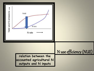N use efficiency (NUE)
relation between the
accounted agricultural N
outputs and N inputs