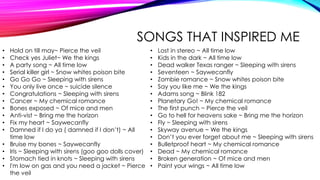 SONGS THAT INSPIRED ME
• Lost in stereo ~ All time low
• Kids in the dark ~ All time low
• Dead walker Texas ranger ~ Sleeping with sirens
• Seventeen ~ Saywecanfly
• Zombie romance ~ Snow whites poison bite
• Say you like me ~ We the kings
• Adams song ~ Blink 182
• Planetary Go! ~ My chemical romance
• The first punch ~ Pierce the veil
• Go to hell for heavens sake ~ Bring me the horizon
• Fly ~ Sleeping with sirens
• Skyway avenue ~ We the kings
• Don’t you ever forget about me ~ Sleeping with sirens
• Bulletproof heart ~ My chemical romance
• Dead ~ My chemical romance
• Broken generation ~ Of mice and men
• Paint your wings ~ All time low
• Hold on till may~ Pierce the veil
• Check yes Juliet~ We the kings
• A party song ~ All time low
• Serial killer girl ~ Snow whites poison bite
• Go Go Go ~ Sleeping with sirens
• You only live once ~ suicide silence
• Congratulations ~ Sleeping with sirens
• Cancer ~ My chemical romance
• Bones exposed ~ Of mice and men
• Anti-vist ~ Bring me the horizon
• Fix my heart ~ Saywecanfly
• Damned if I do ya ( damned if I don’t) ~ All
time low
• Bruise my bones ~ Saywecanfly
• Iris ~ Sleeping with sirens (goo goo dolls cover)
• Stomach tied in knots ~ Sleeping with sirens
• I'm low on gas and you need a jacket ~ Pierce
the veil
 