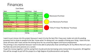 Cost Sheet
Necessary Purchase
Less Necessary Purchase
“Only If I Have The Money” Purchase
I want to put money into this project because it want it to be the best film I have ever made not only for grading
purposes but to show to people to be like I know what I'm doing and I am capable of doing your thing. I want this too
show off every skill I have and be the driving force for my university degree and future employment
The printing is very important because I want to be able to physically show something for all my efforts that isn’t just a
YouTube clip and some pictures on a screen.
To get the money together I will be saving from my job and also borrowing some money form my parents. All together
this will be enough to pull off this project to a high degree of professionalism and quality.
Finances
 