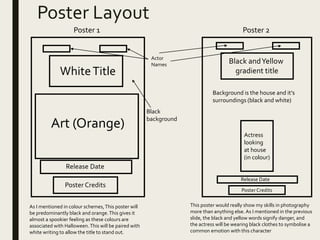 Poster Layout
Poster 1 Poster 2
WhiteTitle
Actor
Names
Art (Orange)
Release Date
Poster Credits
Black
background
As I mentioned in colour schemes,This poster will
be predominantly black and orange.This gives it
almost a spookier feeling as these colours are
associated with Halloween.This will be paired with
white writing to allow the title to stand out.
Release Date
Poster Credits
Actress
looking
at house
(in colour)
Background is the house and it’s
surroundings (black and white)
Black andYellow
gradient title
This poster would really show my skills in photography
more than anything else. As I mentioned in the previous
slide, the black and yellow words signify danger, and
the actress will be wearing black clothes to symbolise a
common emotion with this character
 