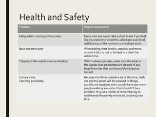 Health and Safety
Problem How to overcome it
Fatigue from staring at the screen Every now and again take a short break if you feel
like you need it to avoid this. Also keep eyes level
with the top of the monitor to avoid eye strain.
Back and neck pain When taking short breaks, stand up and move
around a bit, try not to be kept in a chair the
whole time.
Tripping in the woods when on location Watch where you step, make sure the areas in
the woods that are needed are cleared of any
large branches that could possibly a tripping
hazard.
CoronaVirus:
Catching possibility.
Because my film is outside a lot of the time, both
me and my actors will be exposed to things.
Luckily, my locations don’t usually have too many
people walking around so that shouldn’t be a
problem. It’s just a matter of remembering to
wash hands frequently and avoid touching your
face.
 