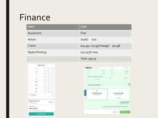 Finance
Item Cost
Equipment Free
Actors £10X2 £20
T shirt £14.99 + £2.99 Postage £17.98
Poster Printing £21.15 for two
Total: £59.13
 