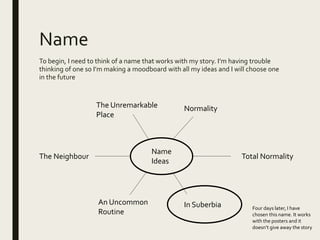 Name
To begin, I need to think of a name that works with my story. I’m having trouble
thinking of one so I’m making a moodboard with all my ideas and I will choose one
in the future
Name
Ideas
In Suberbia
Total NormalityThe Neighbour
Normality
An Uncommon
Routine
The Unremarkable
Place
Four days later, I have
chosen this name. It works
with the posters and it
doesn’t give away the story
 