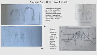 Monday April 18th – Day 4 Shoot
These two storyboardsare
for the final scene of the
film. An incredibly
important scenethat I feel
justdoing a few sketches
gives me moreconfidence I
can pull off the shots on
the day
This shot
I'vehad
planned for
a long time,
one of the
firstshots of
the film
when the
light is
beaming
through the
window at
Jospeh
 