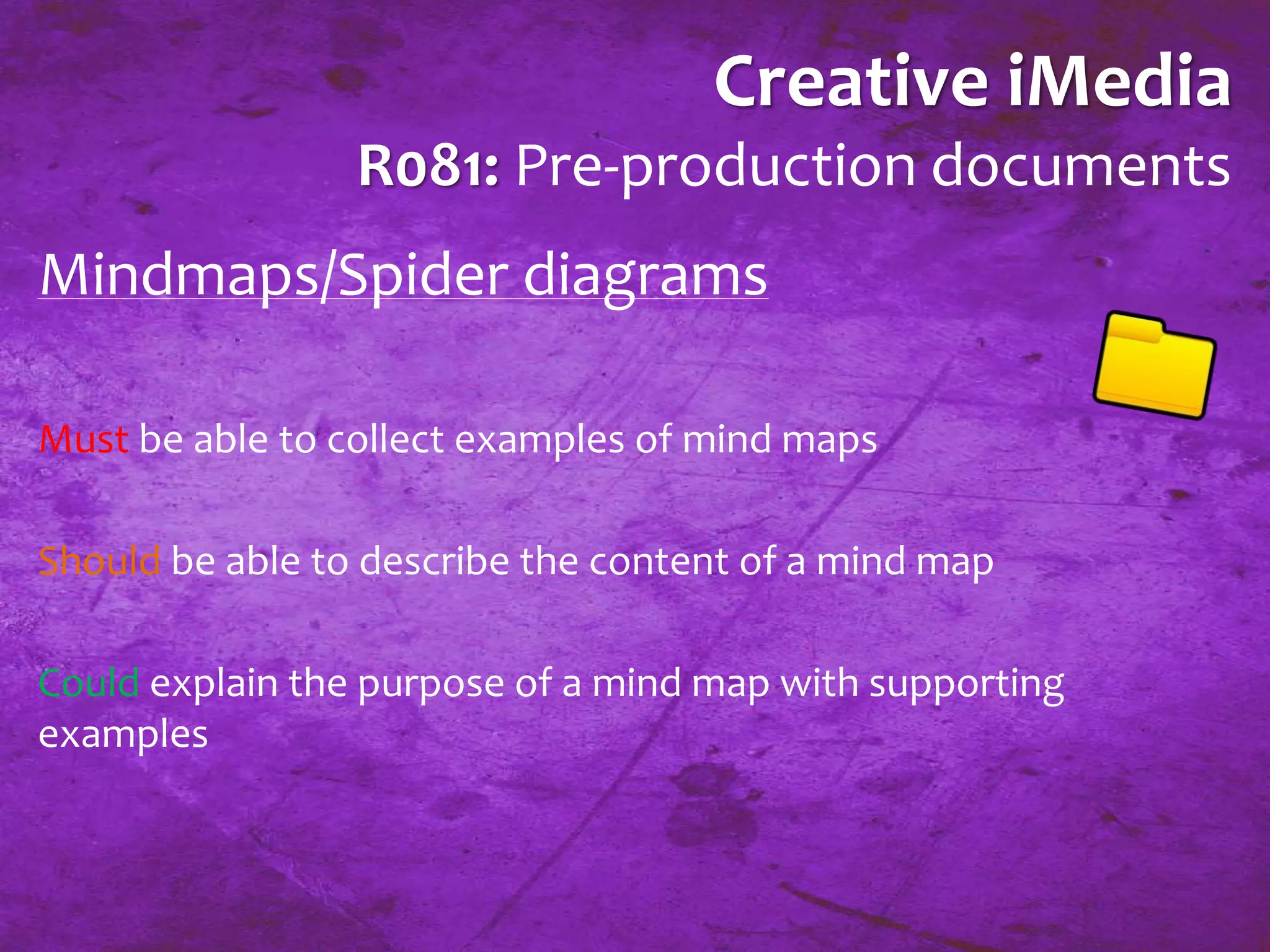 Creative iMedia 
R081: Pre-production documents 
Mindmaps/Spider diagrams 
Must be able to collect examples of mind maps 
Should be able to describe the content of a mind map 
Could explain the purpose of a mind map with supporting 
examples 
 