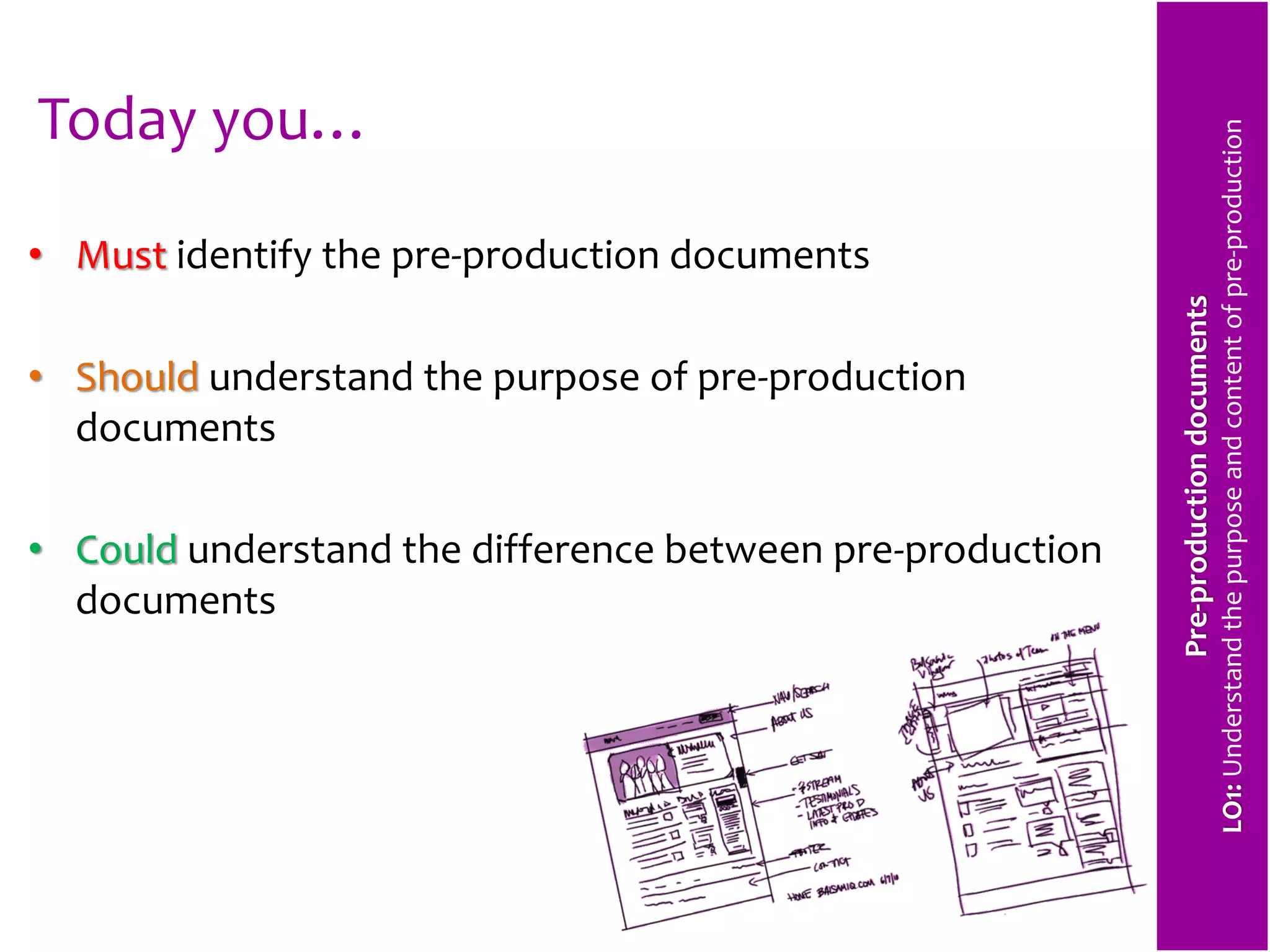 Today you… 
• Must identify the pre-production documents 
• Should understand the purpose of pre-production 
documents 
• Could understand the difference between pre-production 
documents 
Pre-production documents 
LO1: Understand the purpose and content of pre-production 
 