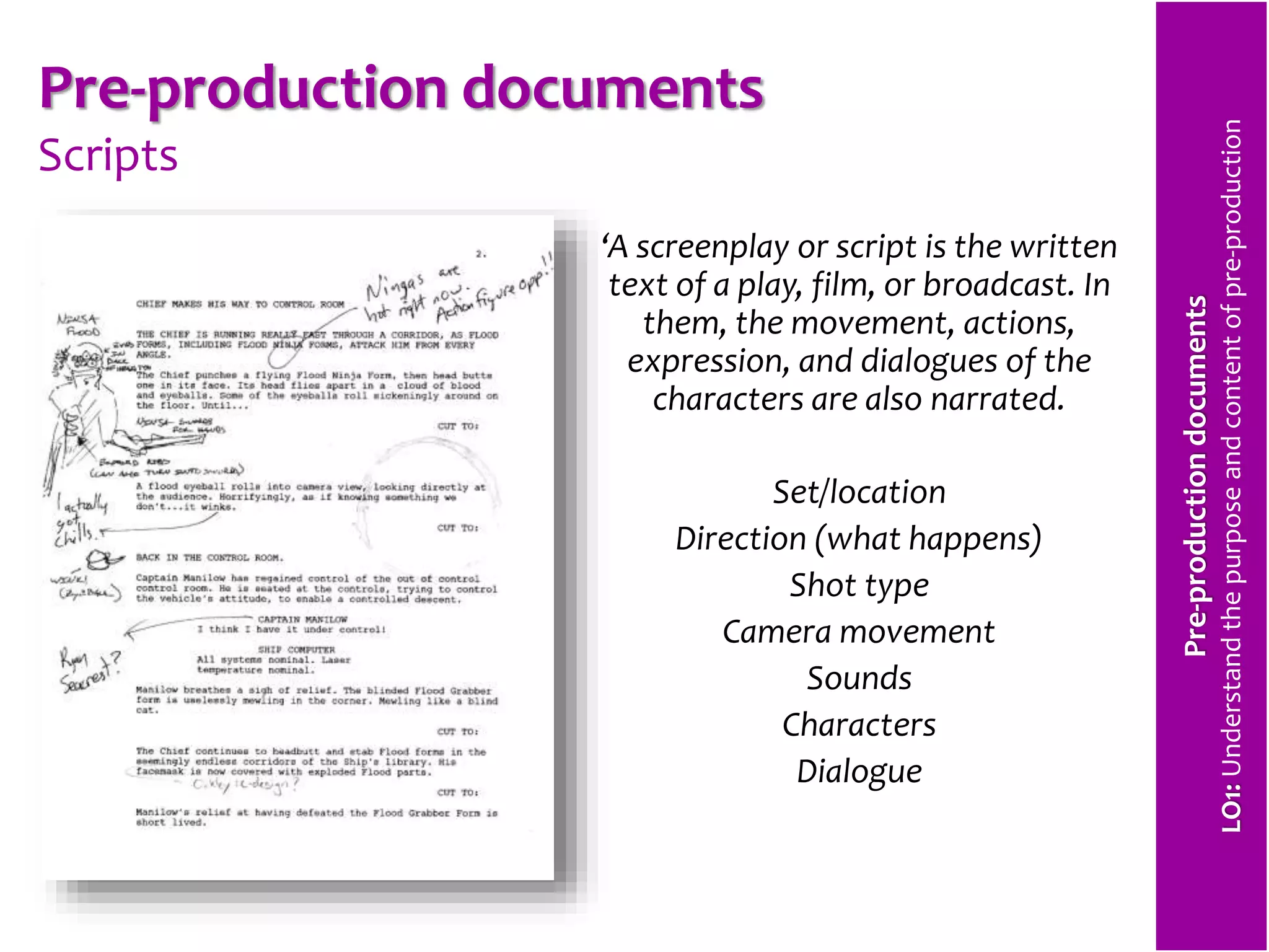 Pre-production documents 
Scripts 
‘A screenplay or script is the written 
text of a play, film, or broadcast. In 
them, the movement, actions, 
expression, and dialogues of the 
characters are also narrated. 
Set/location 
Direction (what happens) 
Shot type 
Camera movement 
Sounds 
Characters 
Dialogue 
Pre-production documents 
LO1: Understand the purpose and content of pre-production 
 