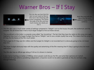 Warner Bros – If I Stay 
You can also see here that this 
was not just made by Warner 
Bros but in fact three big well 
known companies. This shows 
the scale of the film and how 
much money was clearly put 
into it. 
Both films end with the 
title of the film so it 
makes an impact on the 
audience. 
• This film also uses a much wider variety of settings compared to “Delight” such as the house, the park, the auditorium, and the 
hospital. This all shows that it had a much larger budget to hire out these venues. 
• The soundtrack to this trailer is a popular song called “Say Something”. The fact that they have the rights to this song once again 
highlights how much of a bigger budget they had as “Delight” had to use a simple royalty free song. This means that the song for 
If I Stay fits the theme of the film much better. 
• The budget for If I Stay was $11 million and the budget for Delight is not recorded but it is obviously going to be a lot lower 
than this. 
• This larger budget obviously helps with the quality and advertising of the film meaning that If I Stay is going to be a lot more 
well known. 
• This film also has an official age rating of 12A as it is shown in cinemas. 
• It also had an hashtag on twitter of #IfIStay where people could discuss the film and write their opinions on it which 
furthered the hype which is something independent companies would not be able to generate as they do not have a big 
enough following. 
 