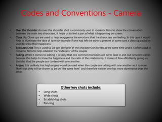 Codes and Conventions - Camera 
• Over the Shoulder: An over the shoulder shot is commonly used in romantic films to show the conversation 
between the main two characters, it helps us to feel a part of what is happening on screen. 
• Close Up: Close ups are used to help exaggerate the emotions that the characters are feeling. In this case it would 
help to illuminate the idea of love for example if one had left the other a present of some sort a close up could be 
used to show their happiness. 
• Two Man Shot: This is used so we can see both of the characters on screen at the same time and it is often used in 
romantic films to help establish the “cuteness” of the couple. 
• Fading: When it comes to editing it is likely that one common transition will be to fade in and out between scenes 
because this helps to show the happiness and the calm of the relationship. It makes it flow effortlessly giving us 
the idea that the people are content with one another. 
• Angles: It is unlikely that high angles would be used when the couple are talking with one another as it is more 
likely that they will be shown to be on “the same level” and therefore neither one has more dominance over the 
other. 
Other key shots include: 
• Long shots 
• Wide shots 
• Establishing shots 
• Panning 
 