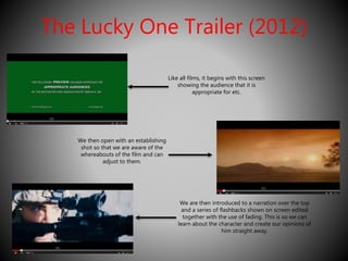 The Lucky One Trailer (2012) 
Like all films, it begins with this screen 
showing the audience that it is 
appropriate for etc. 
We then open with an establishing 
shot so that we are aware of the 
whereabouts of the film and can 
adjust to them. 
We are then introduced to a narration over the top 
and a series of flashbacks shown on screen edited 
together with the use of fading. This is so we can 
learn about the character and create our opinions of 
him straight away. 
 