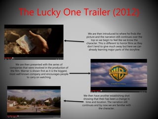 The Lucky One Trailer (2012) 
We are then introduced to where he finds the 
picture and the narration still continues over the 
top so we begin to feel like we know the 
character. This is different to horror films as they 
don’t tend to give much away but here we can 
already learning major parts of the storyline. 
We are then presented with the series of 
companies that were involved in the production of 
the film. Warner is shown first as it is the biggest, 
most well known company and encourages people 
to carry on watching. 
We then have another establishing shot 
showing that their has been a change in 
time and location. The narration still 
continues and by now we are familiar with 
the character. 
 