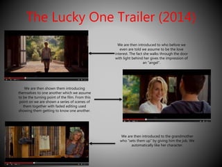 The Lucky One Trailer (2014) 
We are then introduced to who before we 
even are told we assume to be the love 
interest. The fact she walks through the door 
with light behind her gives the impression of 
an “angel”. 
We are then shown them introducing 
themselves to one another which we assume 
to be the turning point of the film. From this 
point on we are shown a series of scenes of 
them together with faded editing used 
showing them getting to know one another. 
We are then introduced to the grandmother 
who “sets them up” by giving him the job. We 
automatically like her character. 
 
