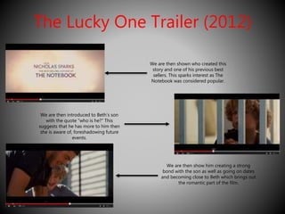 The Lucky One Trailer (2012) 
We are then shown who created this 
story and one of his previous best 
sellers. This sparks interest as The 
Notebook was considered popular. 
We are then introduced to Beth’s son 
with the quote “who is he?” This 
suggests that he has more to him then 
she is aware of, foreshadowing future 
events. 
We are then show him creating a strong 
bond with the son as well as going on dates 
and becoming close to Beth which brings out 
the romantic part of the film. 
 