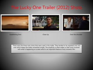 The Lucky One Trailer (2012) Shots 
Establishing Shot Close Up Over the shoulder 
These were the three main shots that were used in this trailer. They tended to be repeated over and 
over which keeps the trailer somewhat simple. The simplicity is what makes us feel more involved 
with what is happening on screen which is an important feature of any romantic film. 
 