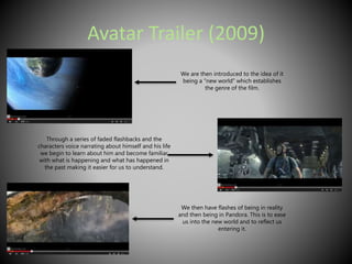 Avatar Trailer (2009) 
We are then introduced to the idea of it 
being a “new world” which establishes 
the genre of the film. 
Through a series of faded flashbacks and the 
characters voice narrating about himself and his life 
we begin to learn about him and become familiar 
with what is happening and what has happened in 
the past making it easier for us to understand. 
We then have flashes of being in reality 
and then being in Pandora. This is to ease 
us into the new world and to reflect us 
entering it. 
 