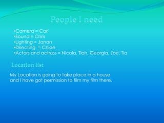 Title: The Road Trip Tagline: Follow the road.Sub-genre: Super Natural Brief synopsis of plot of whole film: A girl is going to her parents  house and she don’t know the way to her mum house but she has a map and a Navigator (Tells you how to get to places) And her Navigator runs out of battier half way there to her parents . So she is just following the signs but she goes to wrong way and she goes down a very long bushy road and it full of trees and she didn’t know where she going                                                                          Main characters:  The girl and her mother.Opening settings/location:  In a car and forest.Characters involved in the opening: mum and her daughter  Description of opening narrative:  A girl is driving to her parents house and get lost and don’t have a clue where she is.                                                                           Costumes and props: Phone, Navigator.