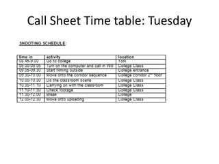 Call Sheet Time table: Tuesday
 