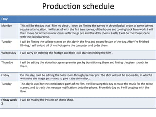 Production schedule
Day
Monday This will be the day that I film my piece . I wont be filming the scenes in chronological order, as some scenes
require a far location. I will start of with the first two scenes, of the house and coming back from work. I will
then move on to the tension scenes with the go pro and the dolly zooms. Lastly, I will do the house scene
with the failed surprise.
Tuesday I will be filming the college scenes on this day in the first and second lesson of the day. After I've finished
filming, I will upload all of my footage to the computer and order them
Wednesday I will carry on ordering the footage and then I will start on editing the film .
Thursday I will be editing the video footage on premier pro, by transitioning them and linking the given sounds to
them.
Friday On this day, I will be editing the dolly zoom through premier pro. The shot will just be zoomed in, in which I
will make the image go smaller, to give it the dolly effect.
Tuesday This day is used for the complicated parts of my film. I will be using this day to make the music for the tense
scenes, and to track the message notifications onto the phone. From this day on, I will be going with the
flow.
Friday week
2
I will be making the Posters on photo shop.
 