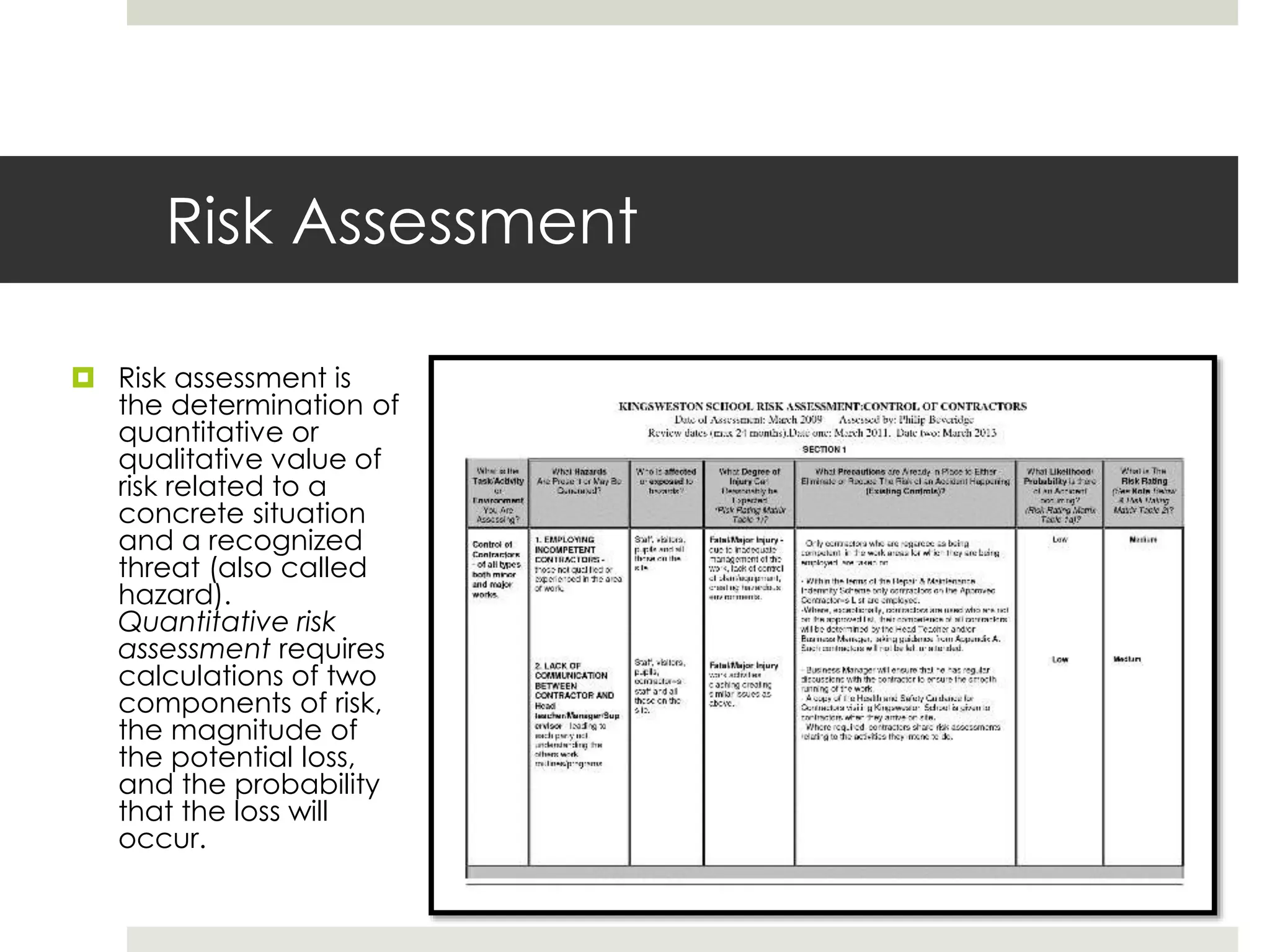 Risk Assessment
 Risk assessment is
the determination of
quantitative or
qualitative value of
risk related to a
concrete situation
and a recognized
threat (also called
hazard).
Quantitative risk
assessment requires
calculations of two
components of risk,
the magnitude of
the potential loss,
and the probability
that the loss will
occur.
 