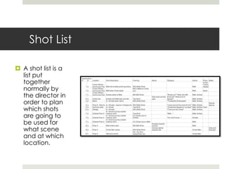 Shot List
 A shot list is a
list put
together
normally by
the director in
order to plan
which shots
are going to
be used for
what scene
and at which
location.
 