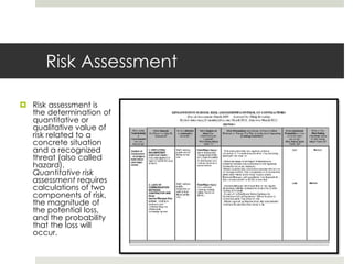 Risk Assessment
 Risk assessment is
the determination of
quantitative or
qualitative value of
risk related to a
concrete situation
and a recognized
threat (also called
hazard).
Quantitative risk
assessment requires
calculations of two
components of risk,
the magnitude of
the potential loss,
and the probability
that the loss will
occur.
 