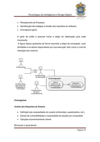 Tecnologias da inteligência e Design Digital
Brincando e aprendendo
Página 15
 Planejamento do Processo:
 Identificação dos estágios e divisão dos requisitos do software;
 Cronograma geral.
A partir de então é possível iniciar a etapa de elaboração para cada
incremento.
A figura abaixo apresenta de forma resumida a etapa de concepção, suas
atividades e os atores responsáveis por sua execução, bem como o nível de
interação dos mesmos.
Cronograma
Análise dos Requisitos do Sistema
 Definição das necessidades do usuário (entrevistas, questionários, etc.).
 Estudo de vulnerabilidades e necessidade de solução por computador
 Soluções economicamente viáveis
 