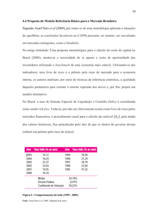 14
4.4 Proposta do Modelo Referência Básico para o Mercado Brasileiro
Segundo Assaf Neto et al (2008), por tratar-se de uma metodologia aplicada a situações
de equilíbrio; as conclusões favoráveis ao CAPM precisam, no entanto, ser reavaliadas
em mercados emergentes, como o brasileiro.
No artigo intitulado: Uma proposta metodológica para o cálculo do custo de capital no
Brasil (2008); mostra-se a necessidade de se apurar o custo de oportunidade dos
investidores utilizando o benchmark de uma economia mais estável. Utilizando-se dos
indicadores: taxa livre de risco e o prêmio pelo risco de mercado para a economia
interna, os autores analisam, por meio de técnicas de inferência estatística, a qualidade
daqueles parâmetros para estimar o retorno esperado dos ativos e, por fim, propor um
modelo alternativo.
No Brasil, a taxa do Sistema Especial de Liquidação e Custódia (Selic) é considerada
como sendo risk free. Todavia, por não ser efetivamente aceita como livre de risco pelos
mercados financeiros, o procedimento usual para o cálculo da variável (𝑅𝑓), pela média
dos valores históricos, fica prejudicado pelo fato de que os títulos do governo devam
embutir um prêmio pelo risco de default.
Figura 6 - Comportamento da Selic (1995 - 2005).
Fonte: Assaf Neto et al, 2008. Adaptado pelo autor.
 