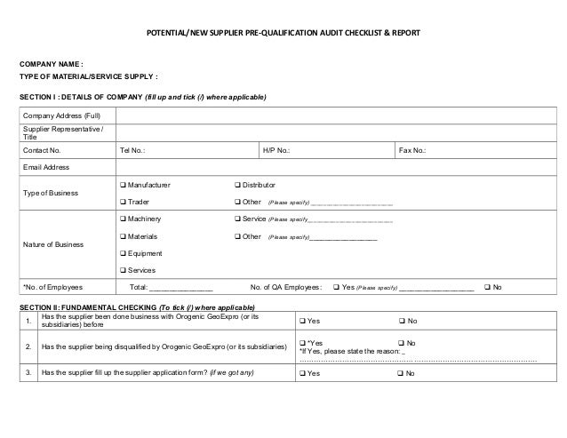 pre qualification audit checklist report vendor qualification form template