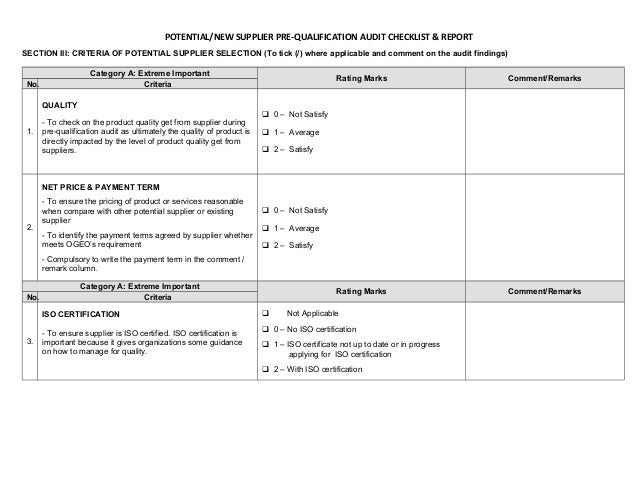 pre qualification audit checklist amp report supplier audit checklist