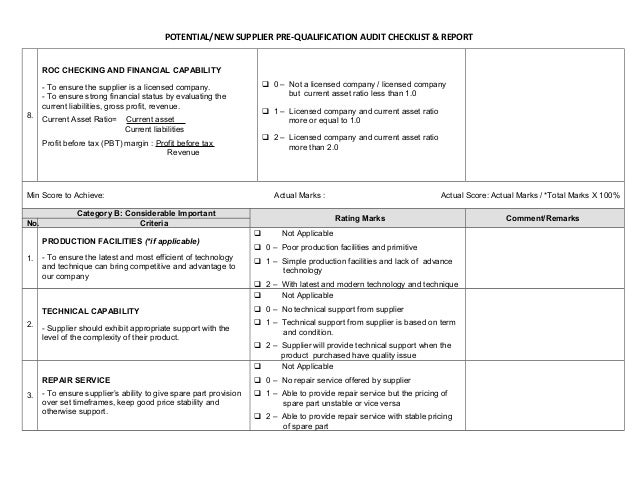 pre qualification audit checklist report vendor qualification form template