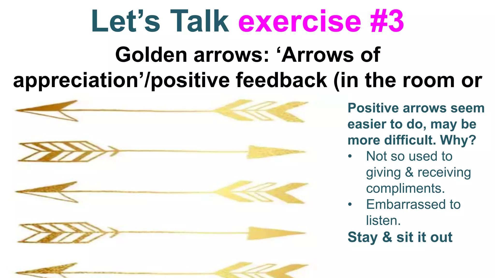 Let’s Talk exercise #3
Golden arrows: ‘Arrows of
appreciation’/positive feedback (in the room or
in proxy) Positive arrows seem
easier to do, may be
more difficult. Why?
• Not so used to
giving & receiving
compliments.
• Embarrassed to
listen.
Stay & sit it out
 