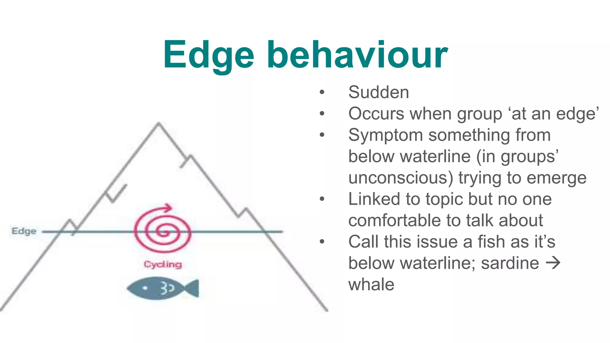 Edge behaviour
• Sudden
• Occurs when group ‘at an edge’
• Symptom something from
below waterline (in groups’
unconscious) trying to emerge
• Linked to topic but no one
comfortable to talk about
• Call this issue a fish as it’s
below waterline; sardine 
whale
 