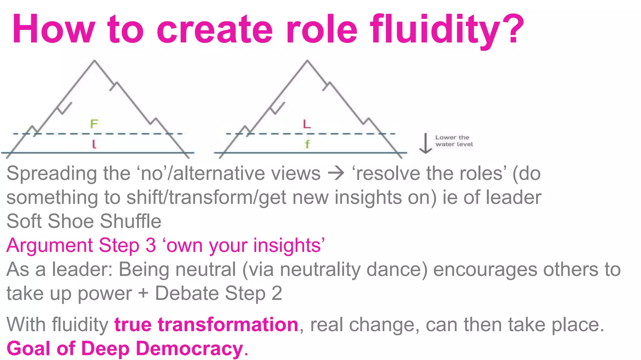 Spreading the ‘no’/alternative views  ‘resolve the roles’ (do
something to shift/transform/get new insights on) ie of leader
Soft Shoe Shuffle
Argument Step 3 ‘own your insights’
As a leader: Being neutral (via neutrality dance) encourages others to
take up power + Debate Step 2
With fluidity true transformation, real change, can then take place.
Goal of Deep Democracy.
How to create role fluidity?
 