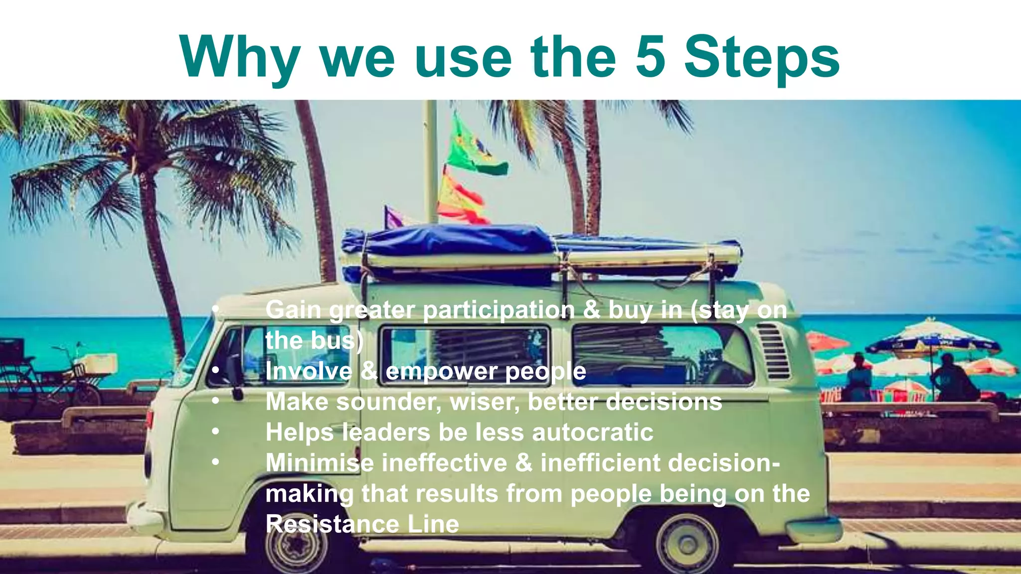 • Gain greater participation & buy in (stay on
the bus)
• Involve & empower people
• Make sounder, wiser, better decisions
• Helps leaders be less autocratic
• Minimise ineffective & inefficient decision-
making that results from people being on the
Resistance Line
Why we use the 5 Steps
 