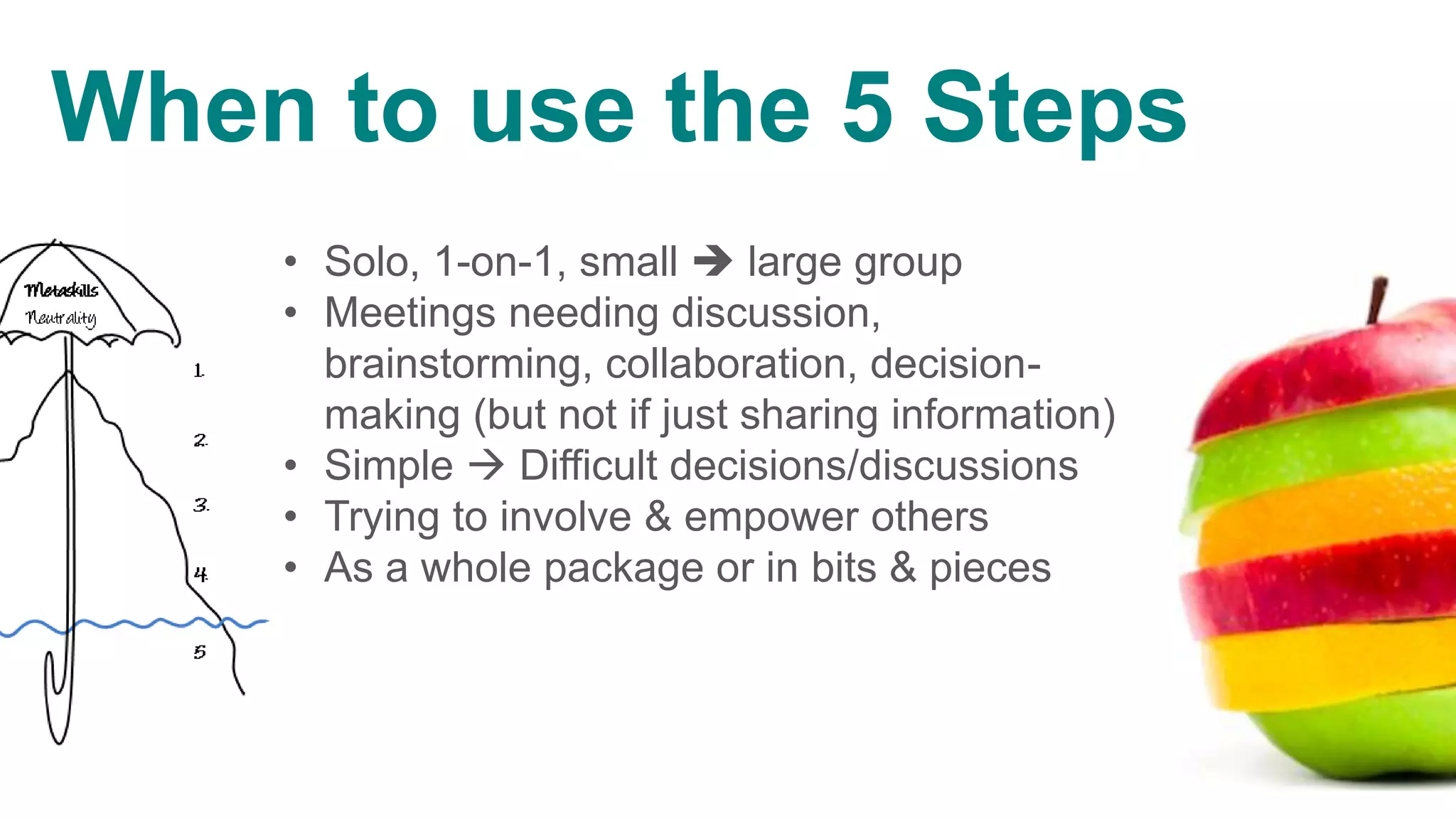 • Solo, 1-on-1, small  large group
• Meetings needing discussion,
brainstorming, collaboration, decision-
making (but not if just sharing information)
• Simple  Difficult decisions/discussions
• Trying to involve & empower others
• As a whole package or in bits & pieces
onal experiences – give your own views.
o&or&PowerPoint,&or&add&to&Diagram&&
s to DD; the first four are above the water line.
When to use the 5 Steps
 