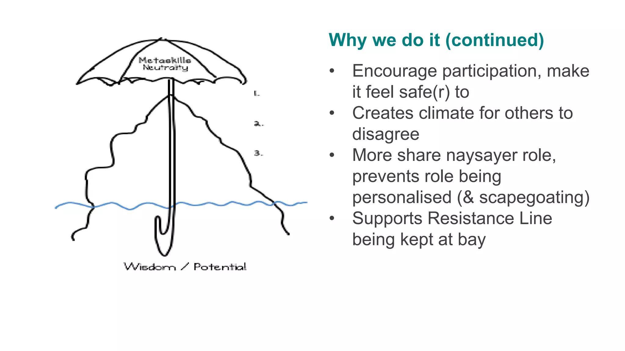 v
Why we do it (continued)
• Encourage participation, make
it feel safe(r) to
• Creates climate for others to
disagree
• More share naysayer role,
prevents role being
personalised (& scapegoating)
• Supports Resistance Line
being kept at bay
 