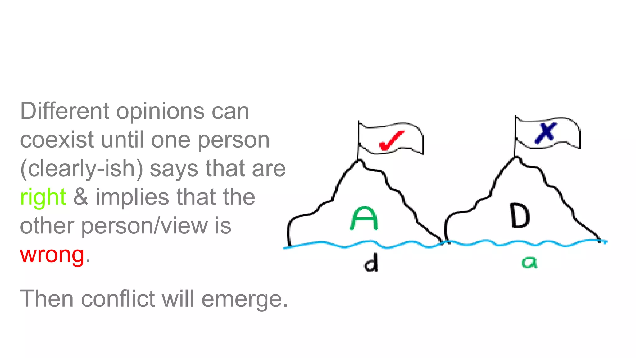 Different opinions can
coexist until one person
(clearly-ish) says that are
right & implies that the
other person/view is
wrong.
Then conflict will emerge.
 