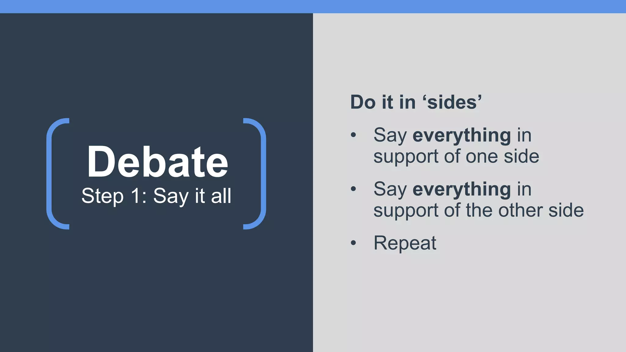 Debate
Do it in ‘sides’
• Say everything in
support of one side
• Say everything in
support of the other side
• Repeat
Step 1: Say it all
 