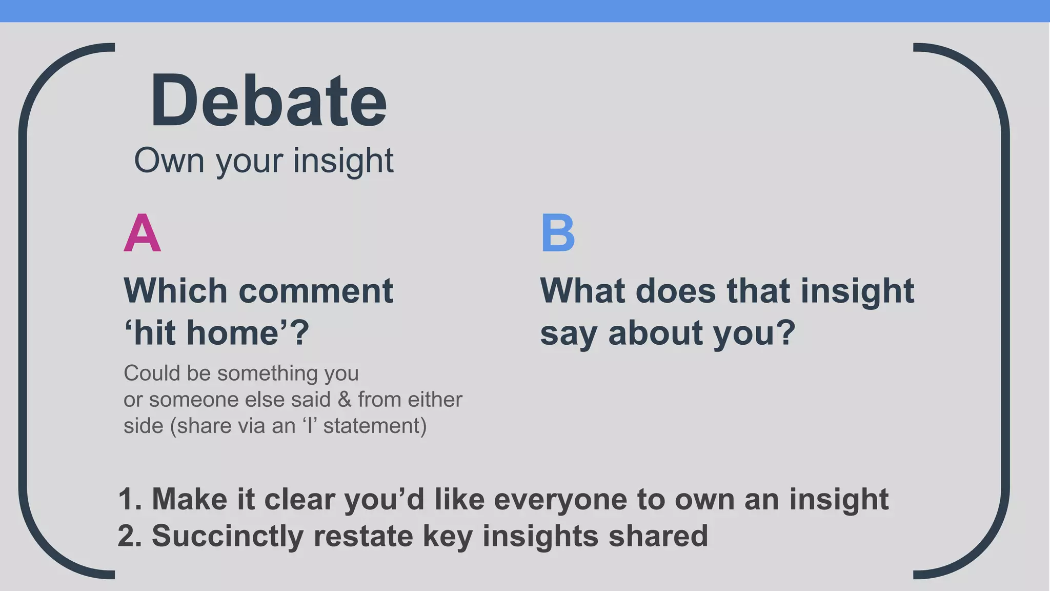 Own your insight
Own your insight
Debate
Which comment
‘hit home’?
Could be something you
or someone else said & from either
side (share via an ‘I’ statement)
B
What does that insight
say about you?
A
1. Make it clear you’d like everyone to own an insight
2. Succinctly restate key insights shared
 