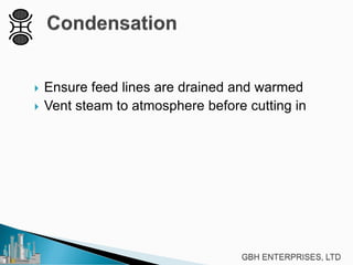 Ensure feed lines are drained and warmed
 Vent steam to atmosphere before cutting in
 