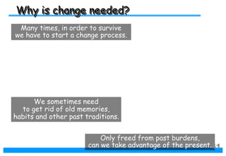 Many times, in order to survive
we have to start a change process.
Why is change needed?
We sometimes need
to get rid of old memories,
habits and other past traditions.
Only freed from past burdens,
can we take advantage of the present.41
 