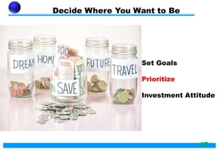 Decide Where You Want to Be
1.Set Goals
2.Prioritize
3.Investment Attitude
47
 