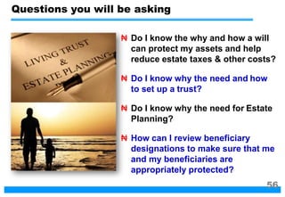 ₦ Do I know the why and how a will
can protect my assets and help
reduce estate taxes & other costs?
₦ Do I know why the need and how
to set up a trust?
₦ Do I know why the need for Estate
Planning?
₦ How can I review beneficiary
designations to make sure that me
and my beneficiaries are
appropriately protected?
Questions you will be asking
56
 