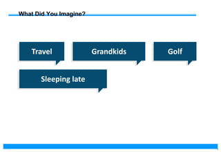 6
What Did You Imagine?
Sleeping late
Golf
Grandkids
Travel
 