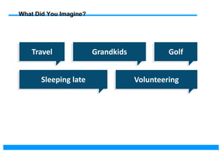 7
What Did You Imagine?
Sleeping late
Golf
Grandkids
Volunteering
Travel
 