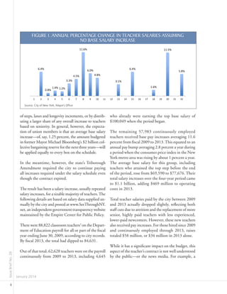 IssueBriefNo.26
January 2014
4
of steps, lanes and longevity increments, or by distrib-
uting a larger share of any overall increase to teachers
based on seniority. In general, however, the expecta-
tion of union members is that an average base salary
increase—of, say, 1.25 percent, the amount budgeted
in former Mayor Michael Bloomberg’s $2 billion col-
lective bargaining reserve for the next three years—will
be applied equally to every box on the schedule.
In the meantime, however, the state’s Triborough
Amendment required the city to continue paying
all increases required under the salary schedule even
though the contract expired.
The result has been a salary increase, usually repeated
salary increases, for a sizable majority of teachers.The
following details are based on salary data supplied an-
nually by the city and posted at www.SeeThroughNY.
net, an independent government transparency website
maintained by the Empire Center for Public Policy.
There were 88,822 classroom teachers3
on the Depart-
ment of Education payroll for all or part of the fiscal
year ending June 30, 2009, according to city records.
By fiscal 2013, the total had dipped to 84,631.
Out of that total, 62,628 teachers were on the payroll
continuously from 2009 to 2013, including 4,645
who already were earning the top base salary of
$100,049 when the period began.
The remaining 57,983 continuously employed
teachers received base pay increases averaging 11.6
percent from fiscal 2009 to 2013.This equated to an
annual pay bump averaging 2.8 percent a year during
a period when the consumer price index in the New
York metro area was rising by about 1 percent a year.
The average base salary for this group, including
teachers who attained the top step before the end
of the period, rose from $69,590 to $77,676. Their
total salary increases over the four-year period came
to $1.1 billion, adding $469 million to operating
costs in 2013.
Total teacher salaries paid by the city between 2009
and 2013 actually dropped slightly, reflecting both
staff cuts due to attrition and the replacement of more
senior, highly paid teachers with less experienced,
lower-paid newcomers. However, these new teachers
also received pay increases. For those hired since 2009
and continuously employed through 2013, raises
totaled $58 million, or $34 million in 2013 alone.
While it has a significant impact on the budget, this
aspect of the teacher’s contract is not well understood
by the public—or the news media. For example, a
6.4%
0.8%
1.4% 1.2%
3.3%
4.5%
11.6%
6.0%
4.8%
3.1%
6.4%
1.6%
11.5%
5.8%
1 2 3 4 5 6 7 8 9 10 11 12 13 14 15 16 17 18 19 20 21 22
Figure 1. Annual Percentage Change in Teacher Salaries Assuming
No Base Salary IncreaseFIGURE 1. ANNUAL PERCENTAGE CHANGE IN TEACHER SALARIES ASSUMING
NO BASE SALARY INCREASE
Source: City of New York, Mayor’s Office
 