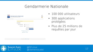 17
@SFLinux
@clementoudot
Gendarmerie Nationale
● 100 000 utilisateurs
● 300 applications
protégées
● Plus de 25 millions ...
