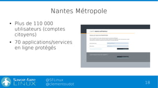 18
@SFLinux
@clementoudot
Nantes Métropole
● Plus de 110 000
utilisateurs (comptes
citoyens)
● 70 applications/services
en ligne protégés
 