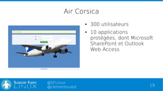 19
@SFLinux
@clementoudot
Air Corsica
● 300 utilisateurs
● 10 applications
protégées, dont Microsoft
SharePoint et Outlook...